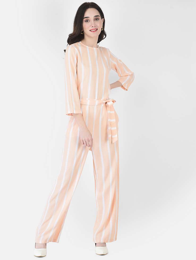 women peach stripes full length jumpsuit