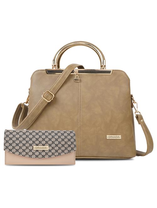beige leatherette (pu) combo handbag - 21248614 - Standard Image - 0