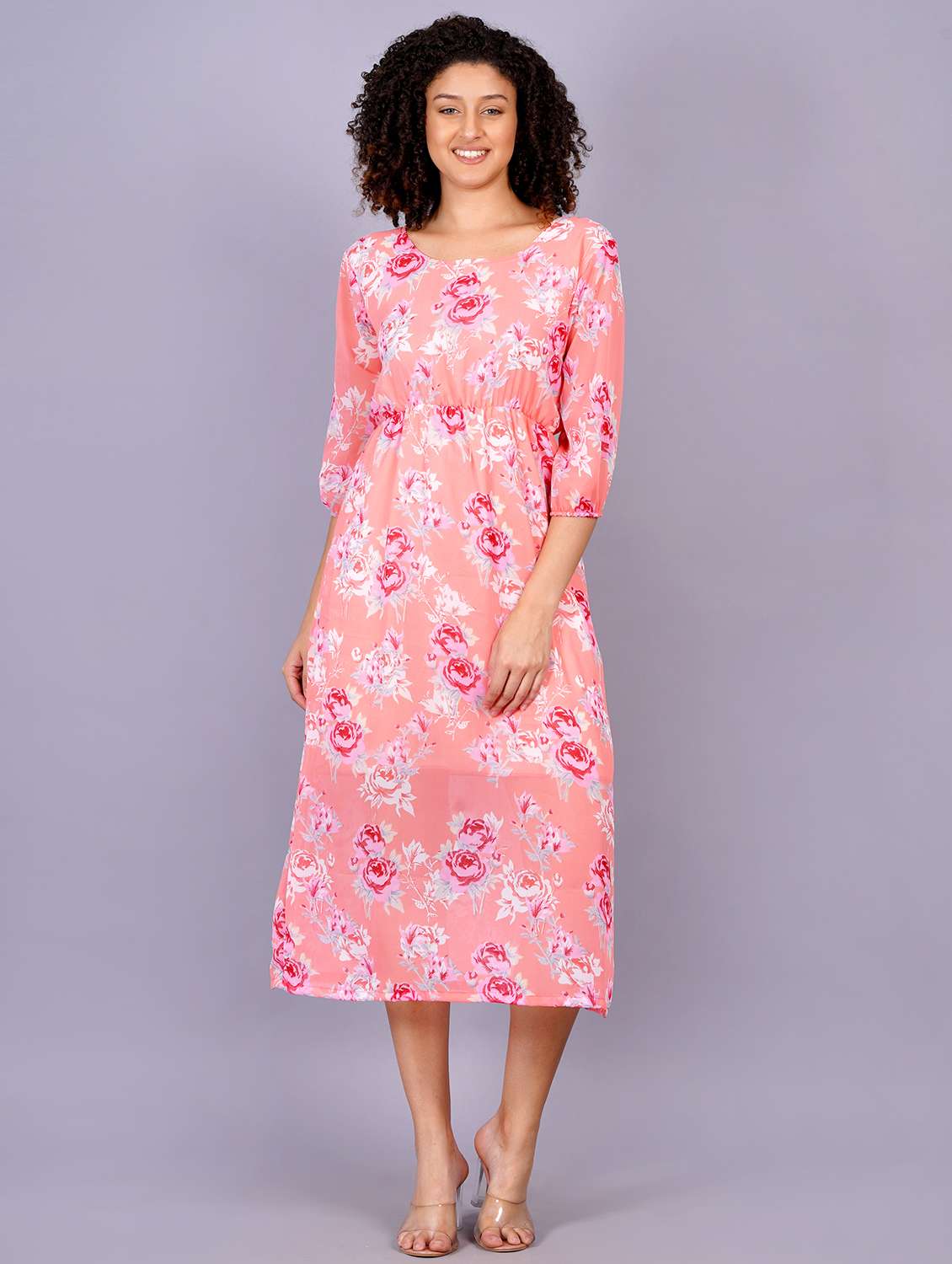 peach georgette fit & flare dress