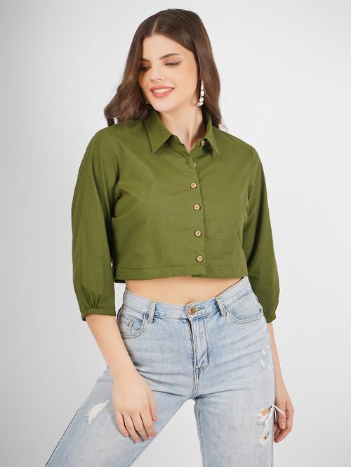 women solid collared crop shirt - 21249027 - Standard Image - 0