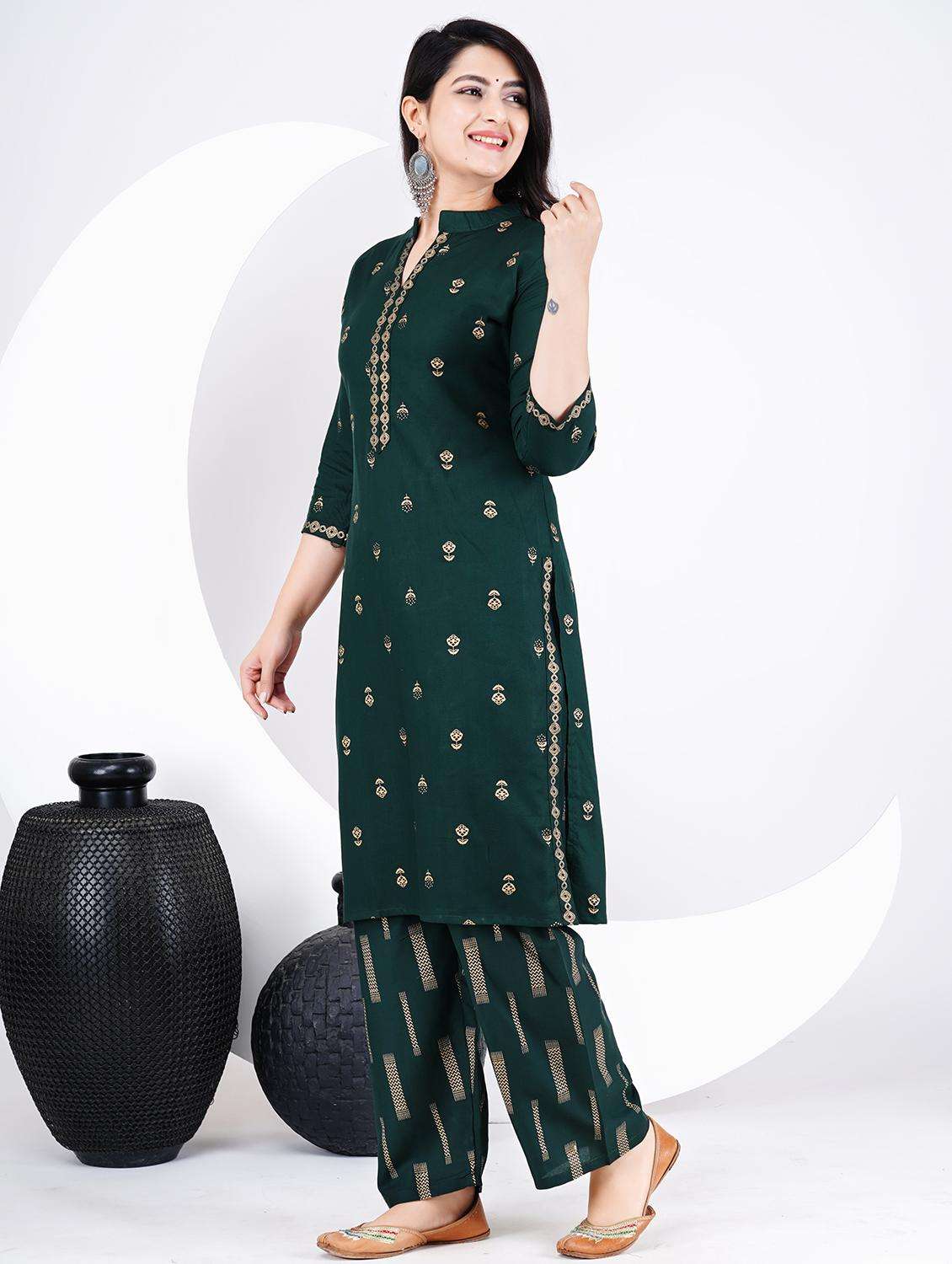 women bottle green kurta palazzo set  - 21249074 -  Standard Image - 4