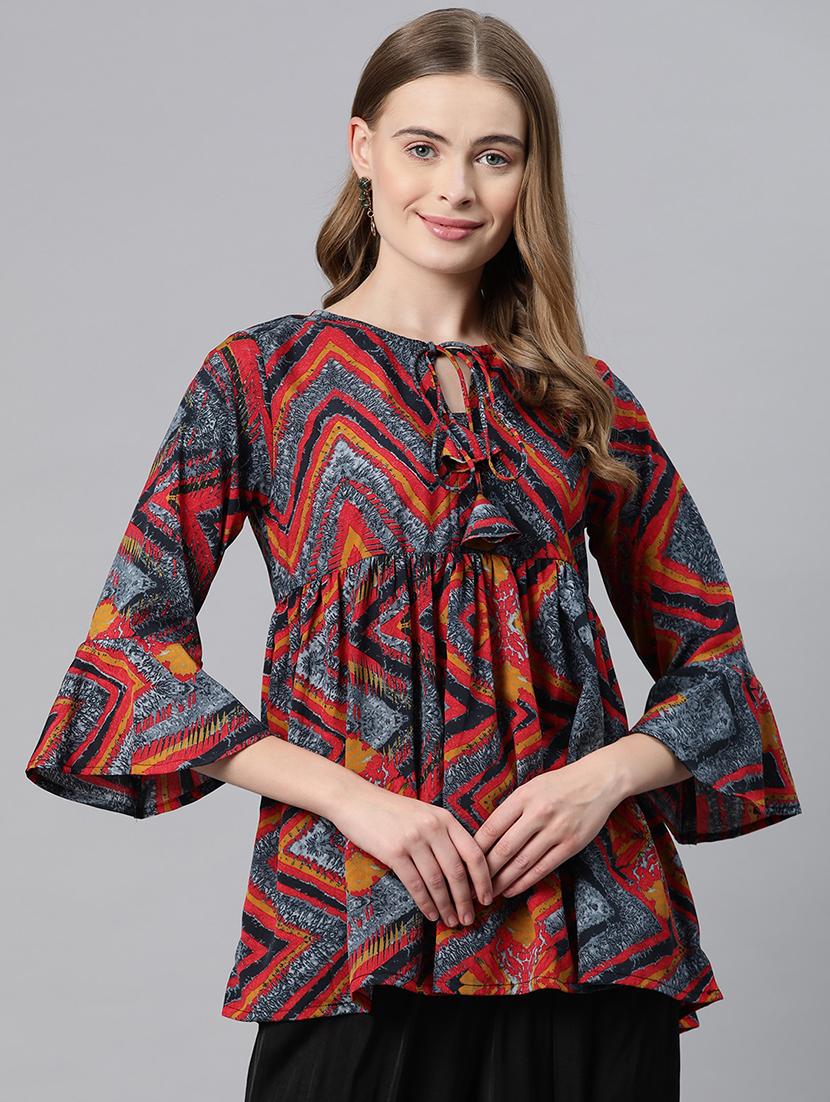 multi coloured poly crepe peplum top - 21249325 -  Zoom Image - 0