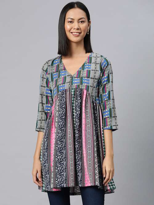 multi coloured v neck flared tunic