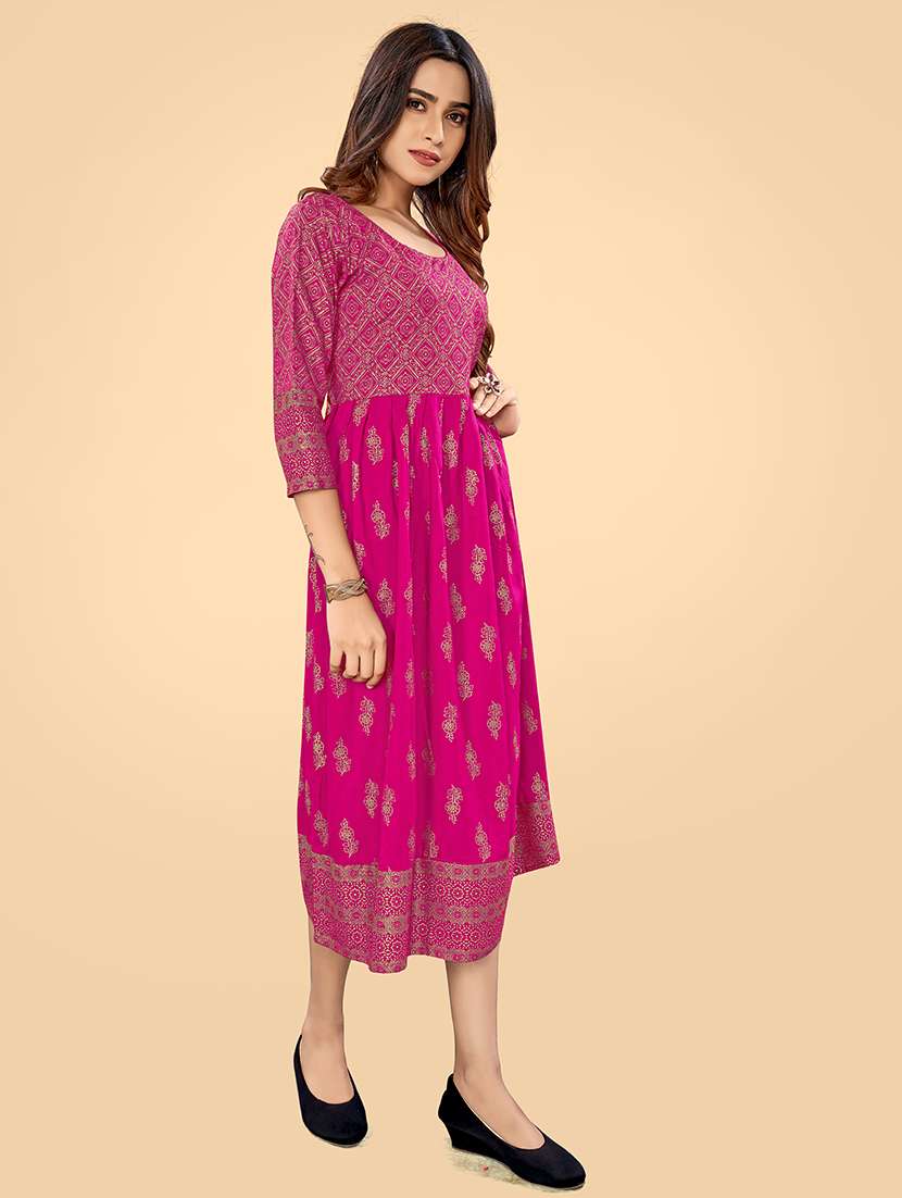 women round neck foil printed a-line ethnic dress - 21252319 -  Standard Image - 1