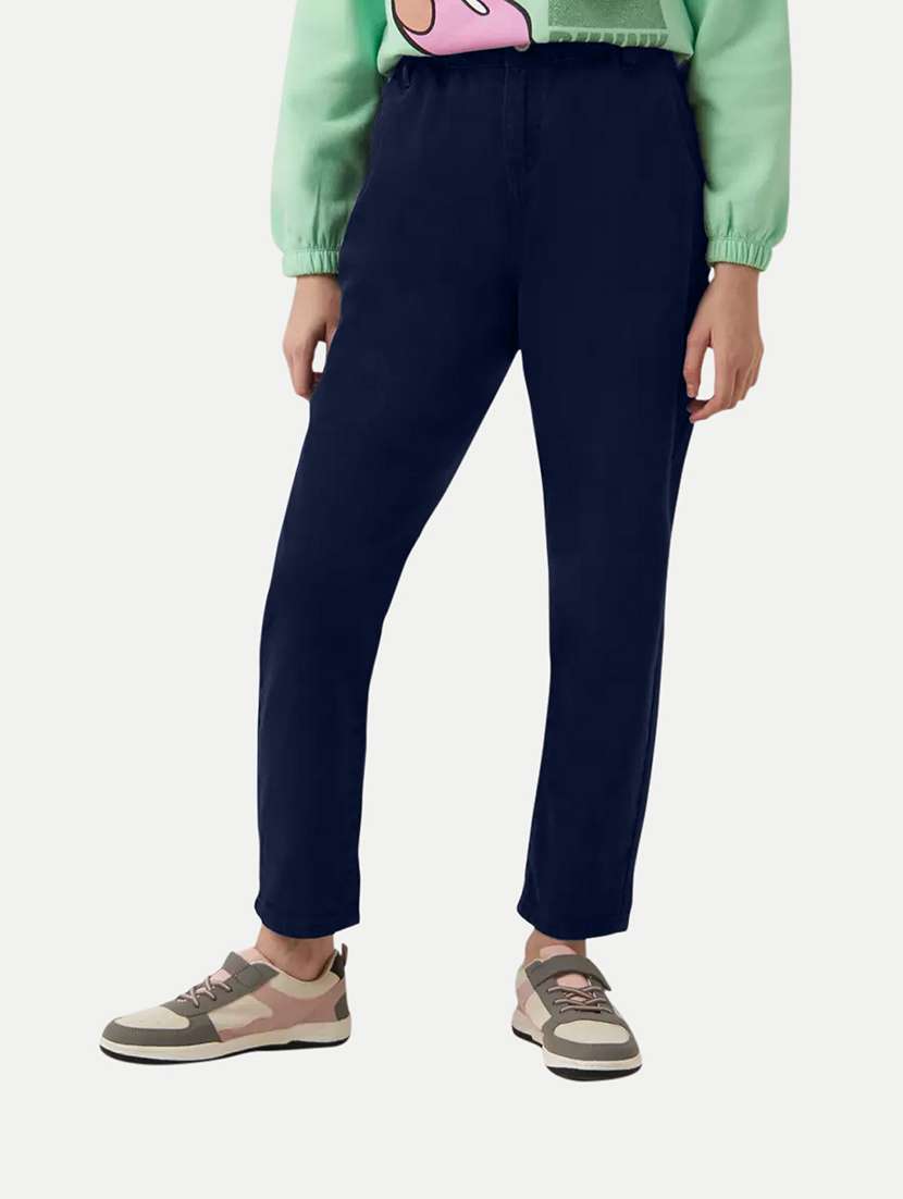 girls navy blue solid chinos