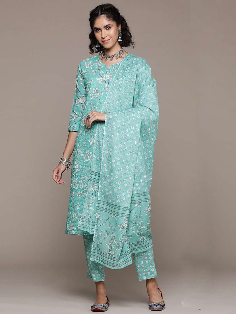 women sea green kurta pant set with dupatta