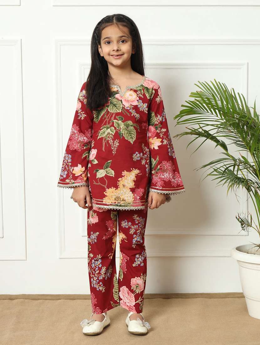 girls printed cotton kurta palazzo suit set