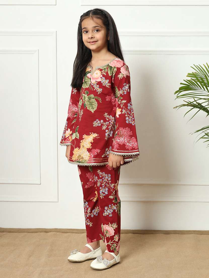 girls printed cotton kurta palazzo suit set - 21254050 -  Standard Image - 1