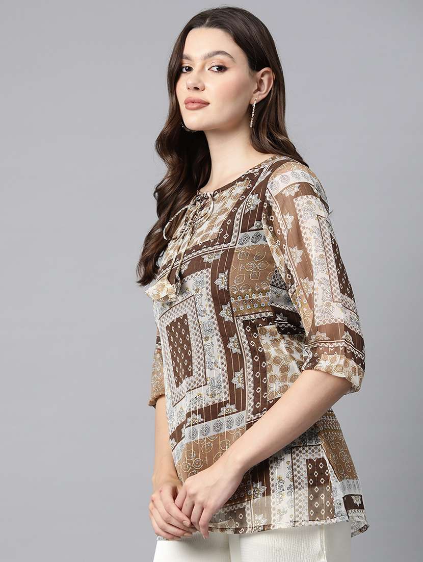 women brown regular fit printed tie up neck top - 21255022 -  Standard Image - 1