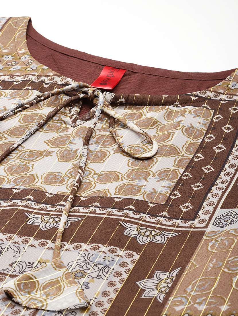 women brown regular fit printed tie up neck top - 21255022 -  Standard Image - 4