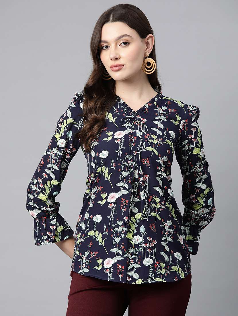 women navy blue florals printed top