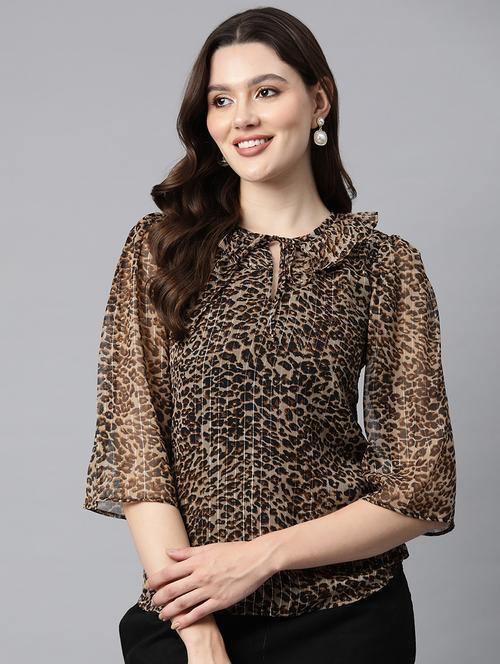 women brown regular fit animal print top with ruffle neck - 21255029 - Standard Image - 0