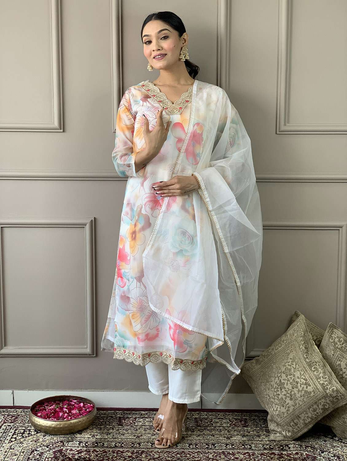 off white organza straight kurta - 21255757 - Standard Image - 1