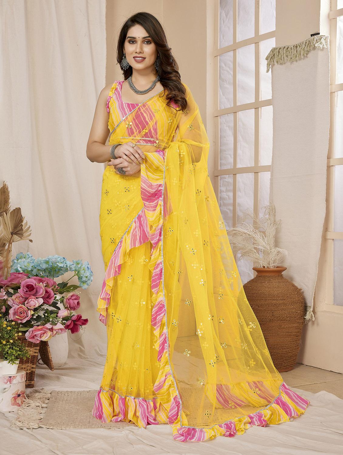 yellow printed saree with blouse - 21255779 - Zoom Image - 0