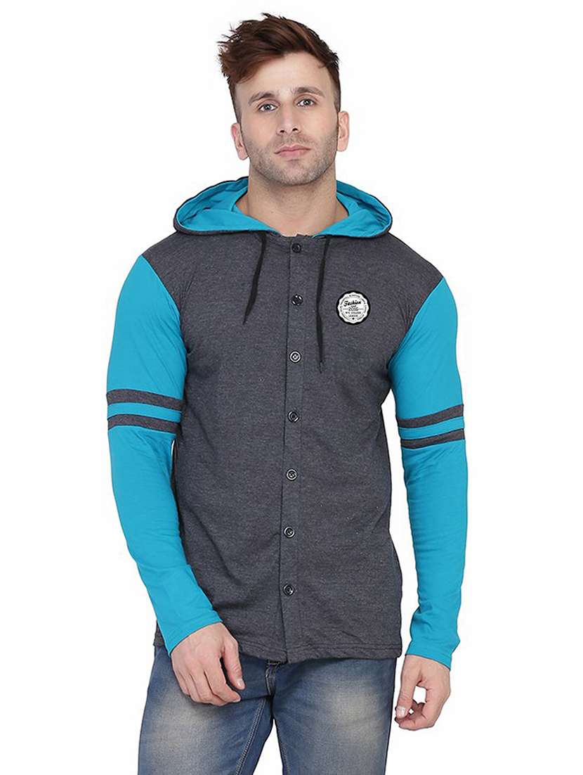 men color block hood neck casual shirt