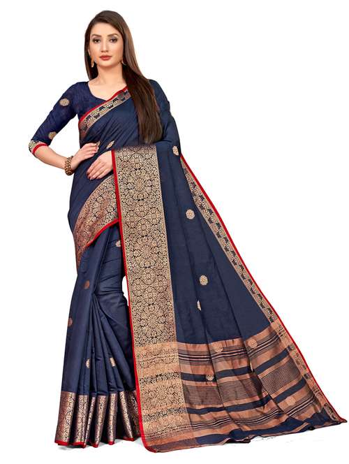 dark blue cotton blend banarasi saree with blouse - 21257024 - Standard Image - 0