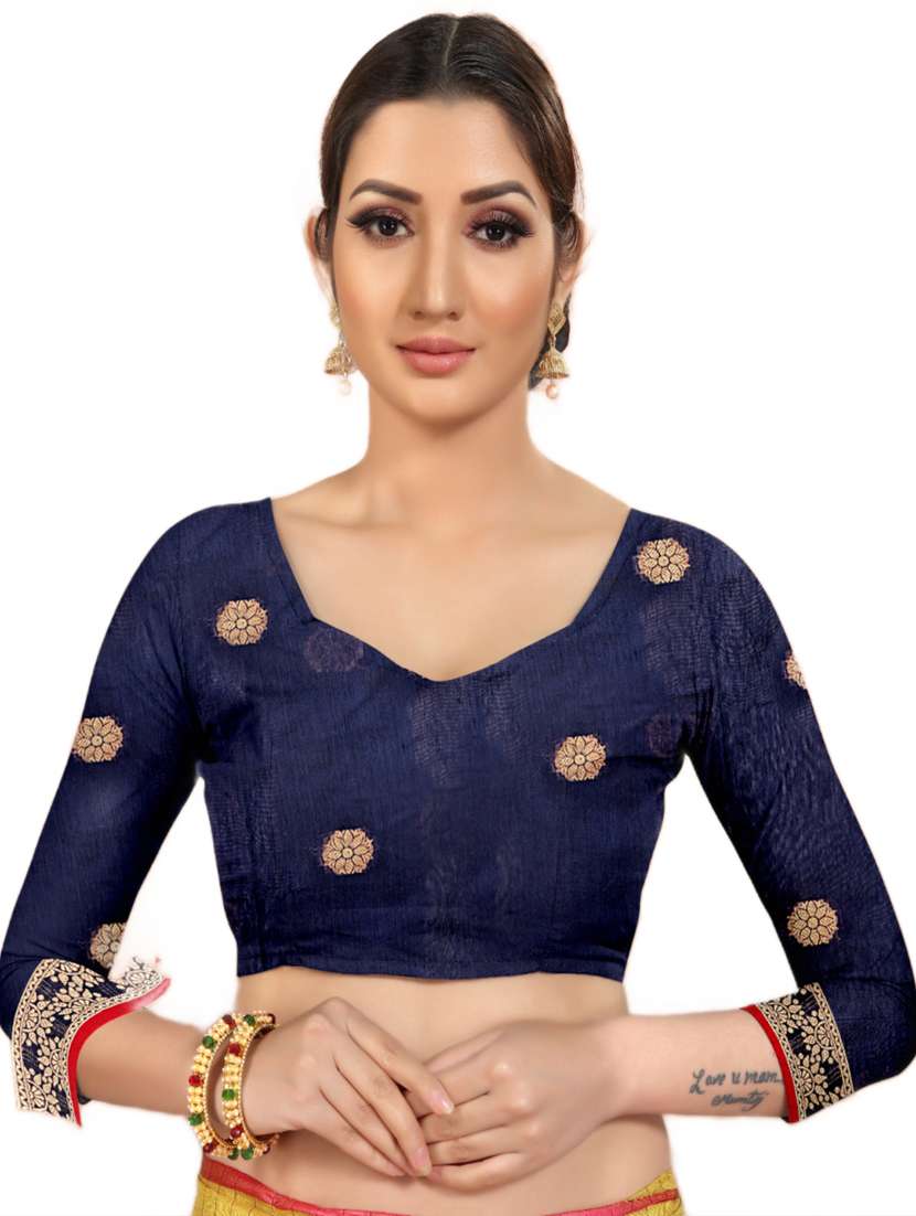 dark blue cotton blend banarasi saree with blouse - 21257024 - Standard Image - 1