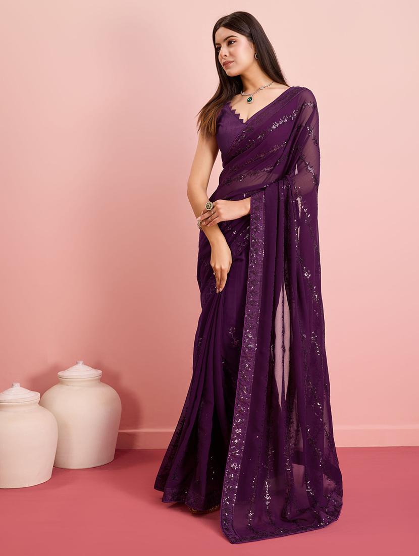 purple sequin embroidered saree with blouse - 21257513 -  Standard Image - 1