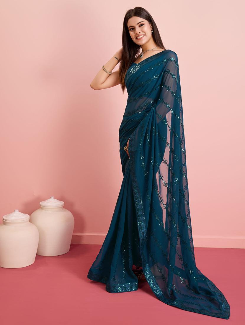teal sequin embroidered saree with blouse - 21257515 -  Standard Image - 1