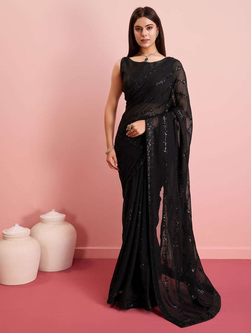 black georgette embroidered saree with blouse