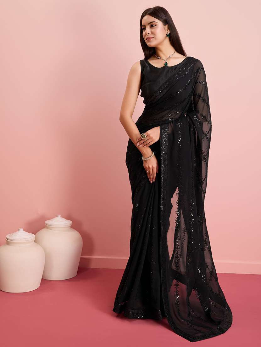 black georgette embroidered saree with blouse - 21257516 -  Standard Image - 1