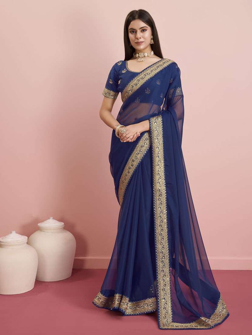 women solid with bordered saree with blouse