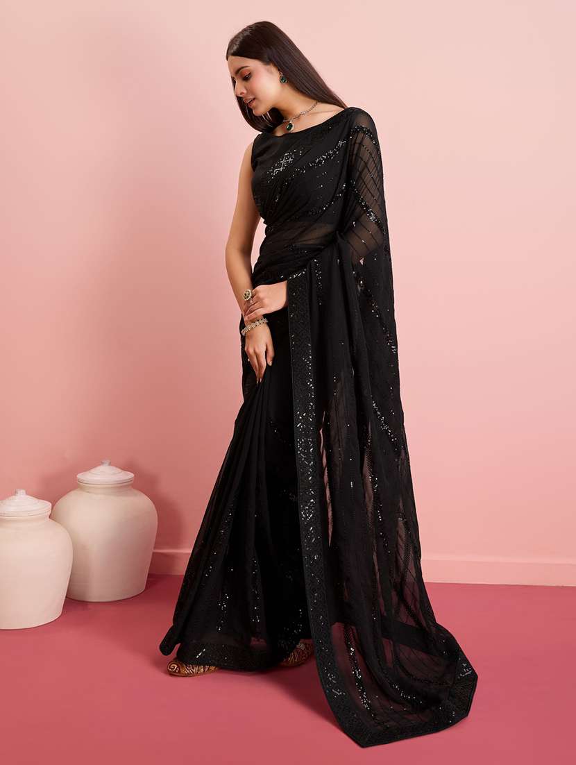 black georgette embroidered saree with blouse - 21257529 -  Standard Image - 1