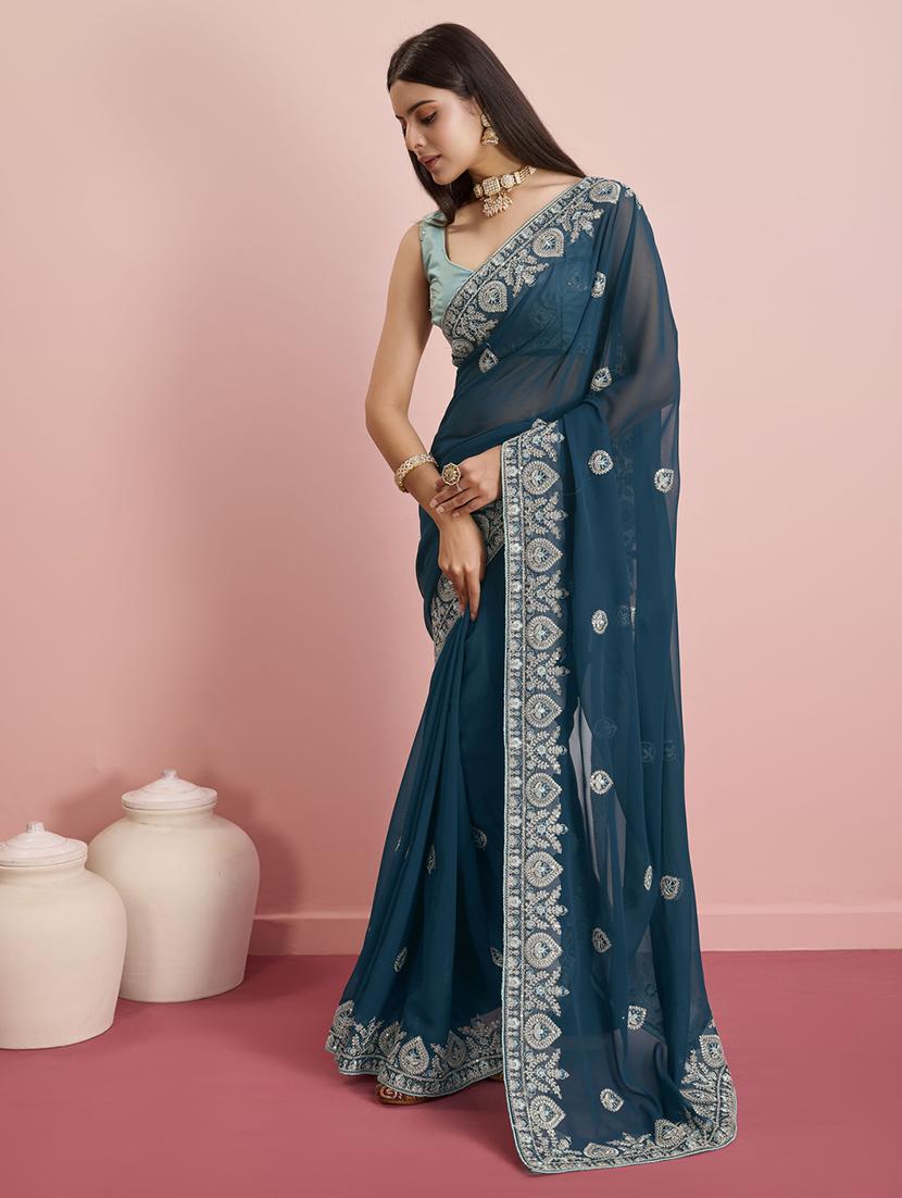 teal georgette embroidered saree with blouse - 21257534 -  Standard Image - 1