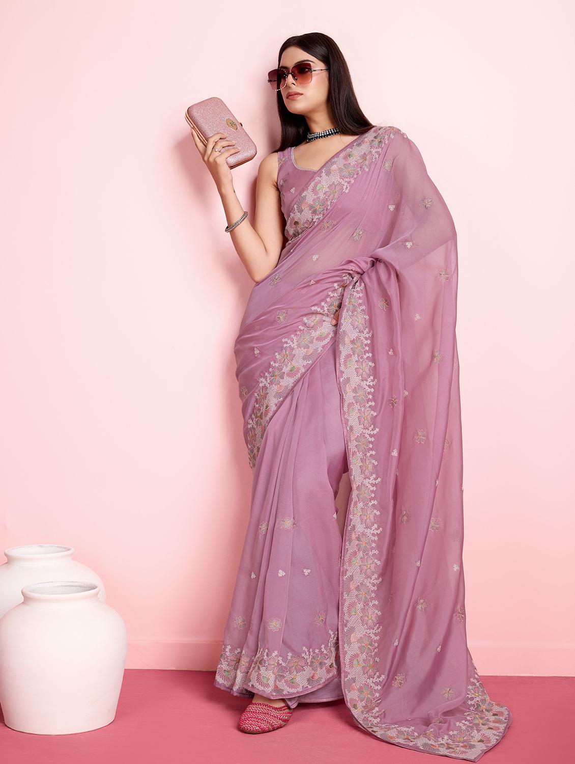 mauve organza embroidered saree with blouse - 21257537 - Standard Image - 1