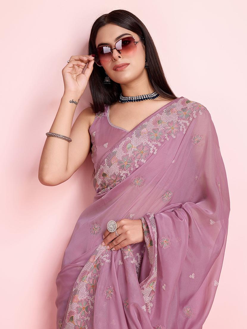 mauve organza embroidered saree with blouse - 21257537 - Standard Image - 4