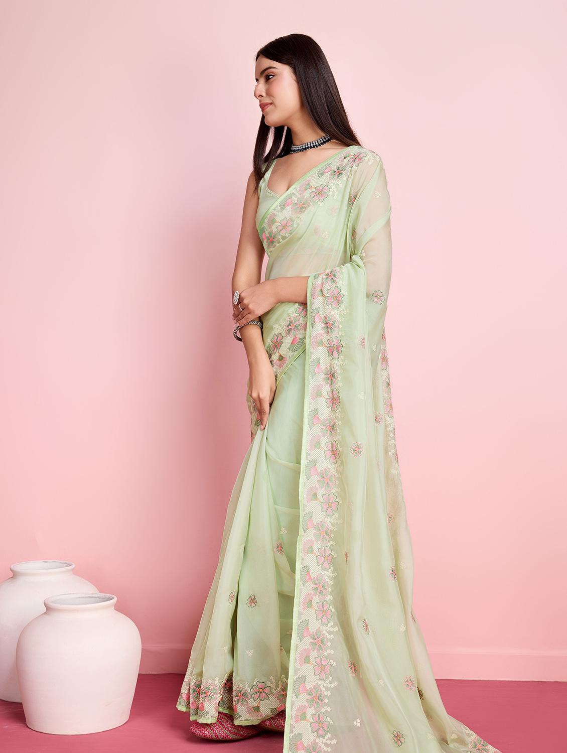 neon organza embroidered saree with blouse - 21257538 -  Standard Image - 1