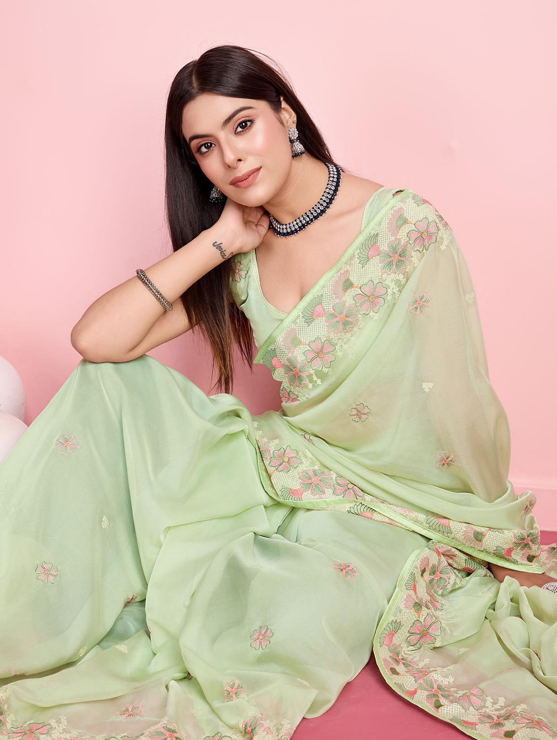 neon organza embroidered saree with blouse - 21257538 - Standard Image - 4