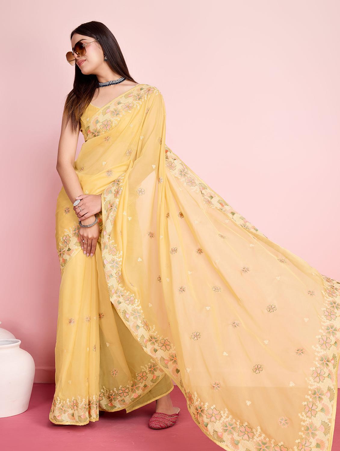 yellow organza embroidered saree with blouse - 21257539 - Standard Image - 1