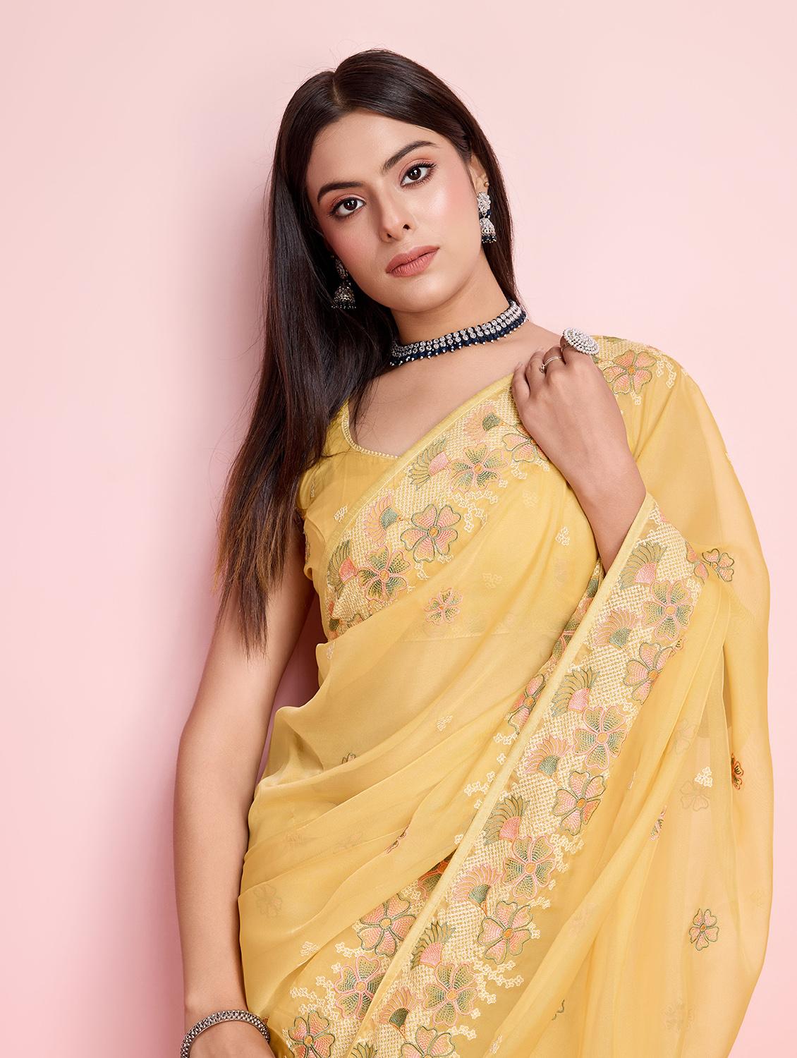yellow organza embroidered saree with blouse - 21257539 - Standard Image - 4