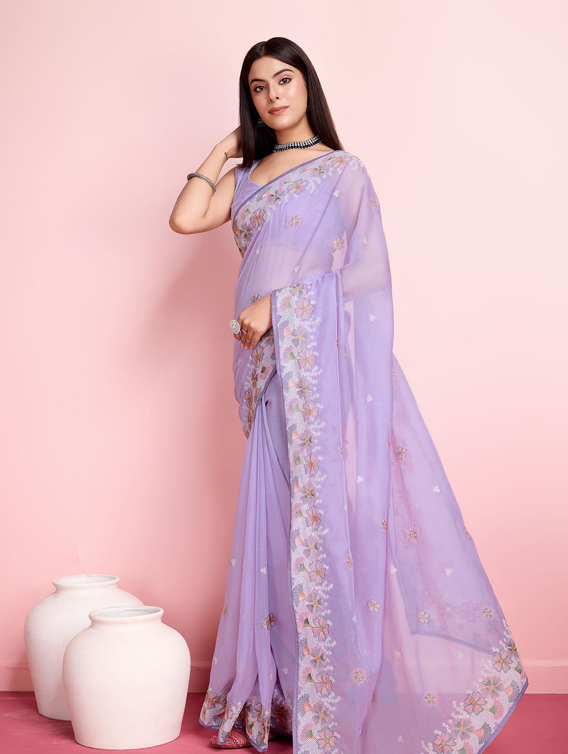 lavender organza embroidered saree with blouse - 21257540 -  Standard Image - 1