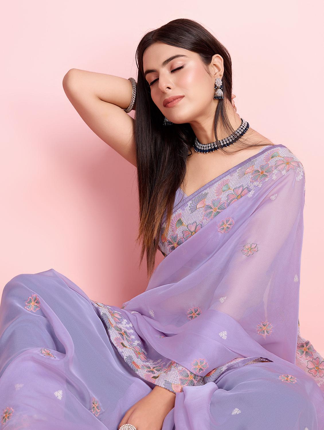 lavender organza embroidered saree with blouse - 21257540 - Standard Image - 4