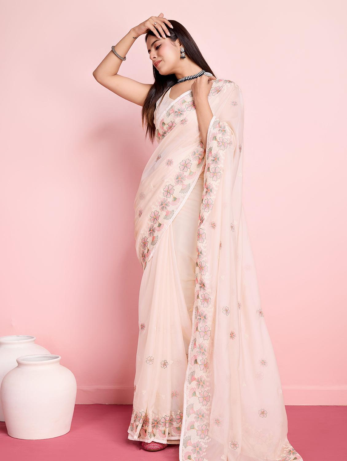 off white organza embroidered saree with blouse - 21257541 - Standard Image - 1