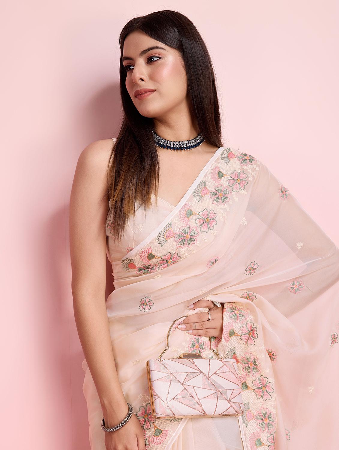 off white organza embroidered saree with blouse - 21257541 - Standard Image - 4