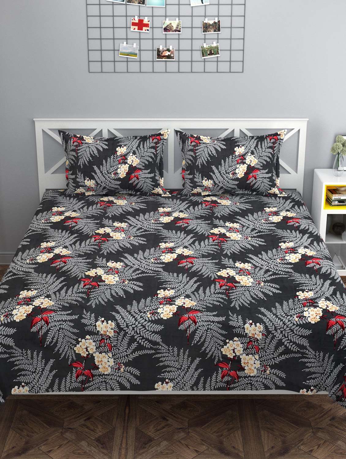 black printed double bedsheet with two pillow covers