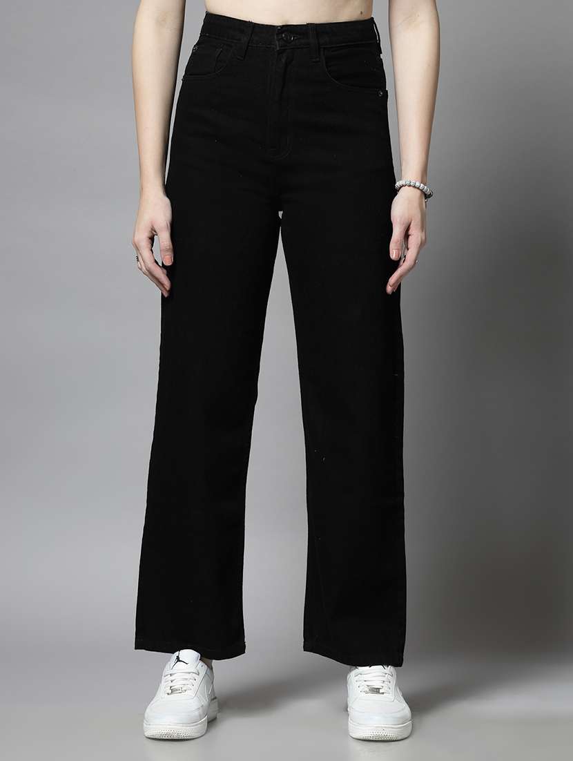women solid high rise wide leg jean
