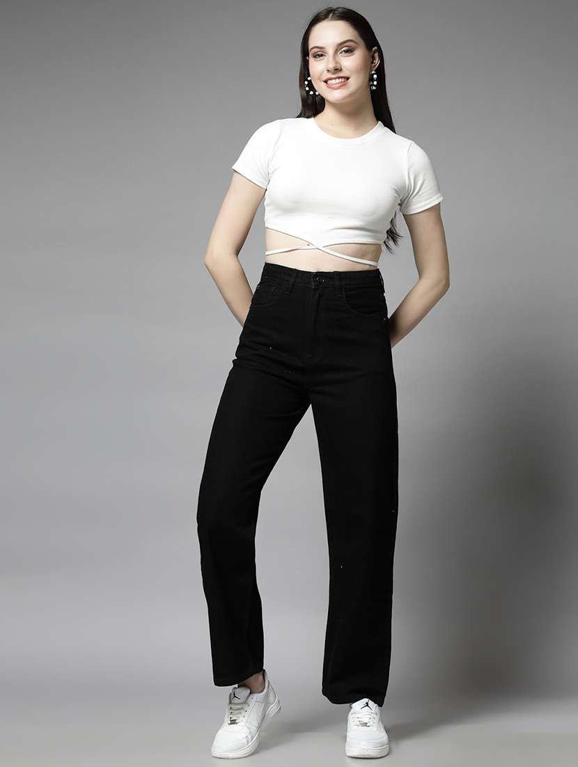 women solid high rise wide leg jean - 21259187 -  Standard Image - 4