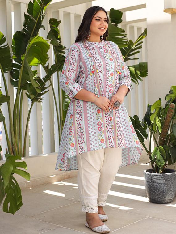 women three quarter sleeve high-low kurta - 21259512 -  Standard Image - 1