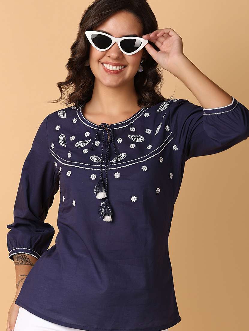 women navy blue cotton regular top - 21260548 -  Standard Image - 1