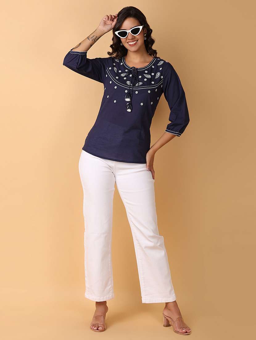women navy blue cotton regular top - 21260548 -  Standard Image - 4