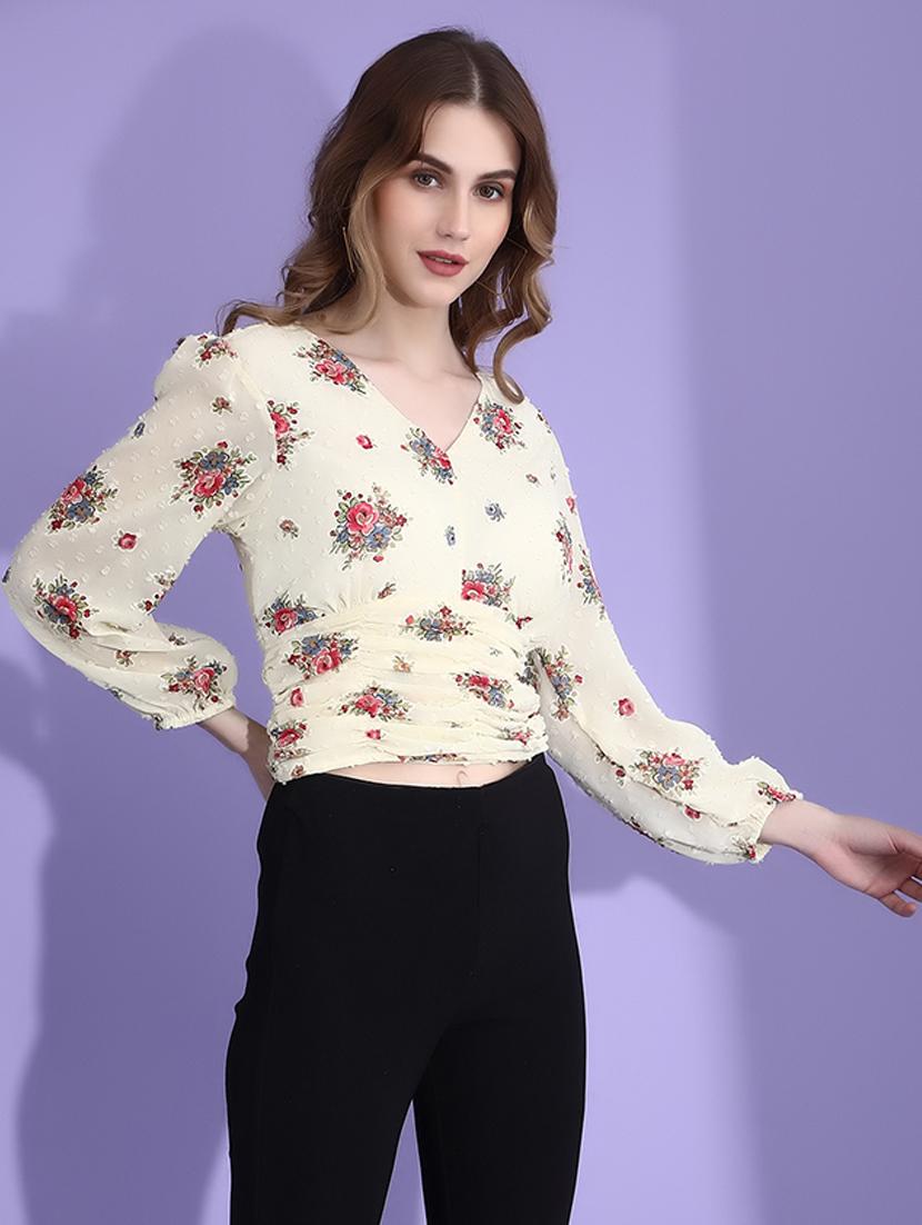 women white florals printed crop top - 21263297 -  Standard Image - 1