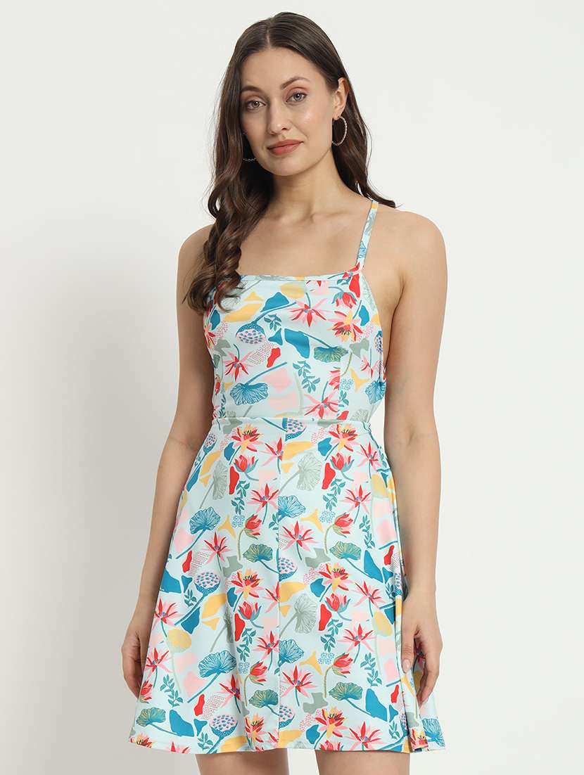 sea green polyester fit & flare dress