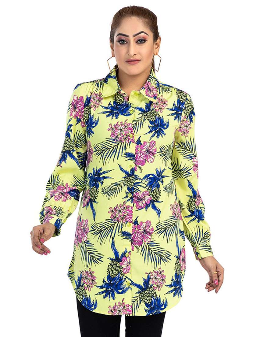women printed collared long shirt