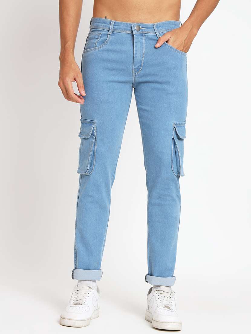 men mid rise plain denim cargo