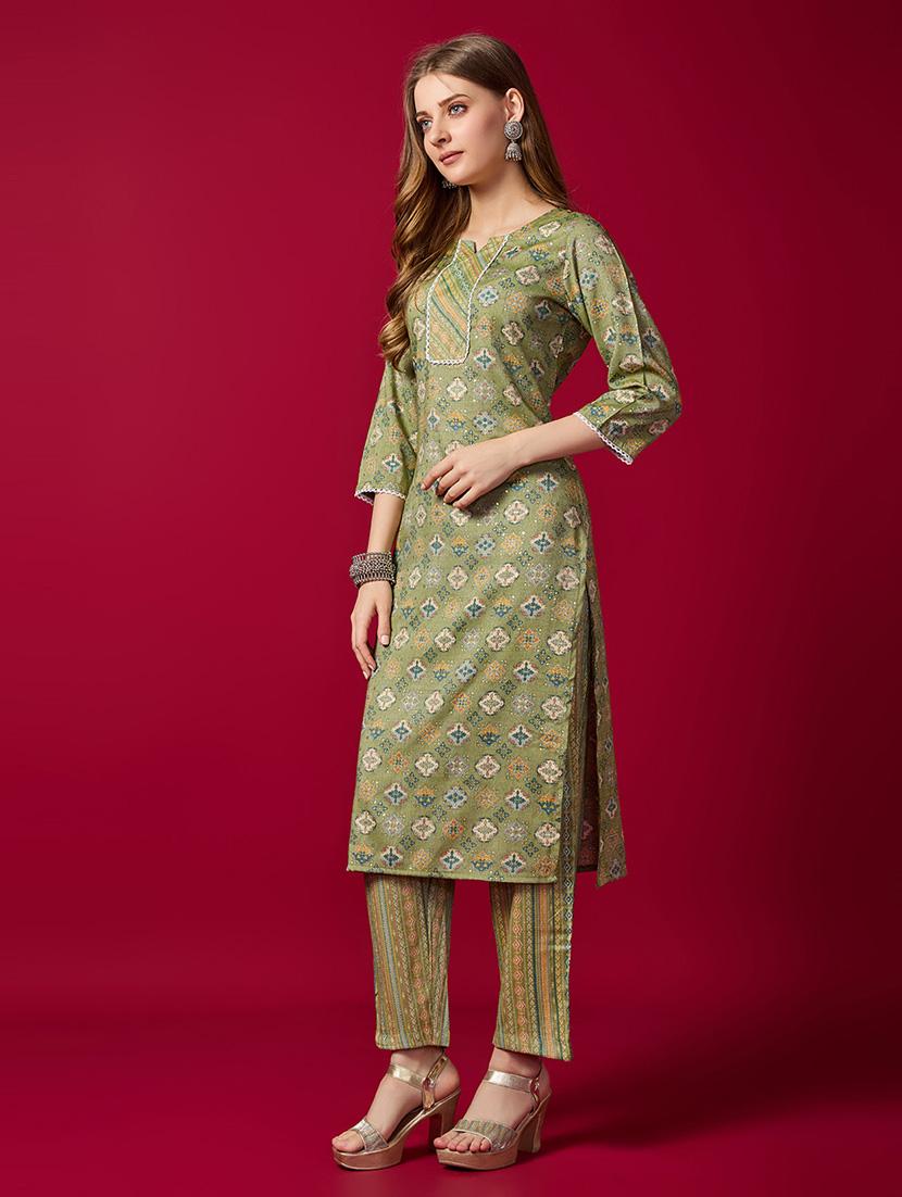women green notch neck kurta pant set - 21269294 -  Standard Image - 1