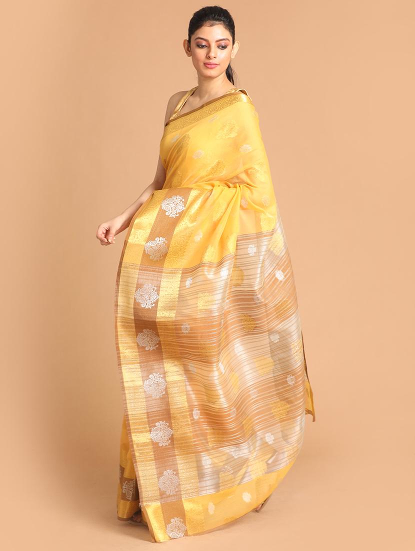 yellow poly blend handloom saree with blouse - 21271152 -  Standard Image - 1